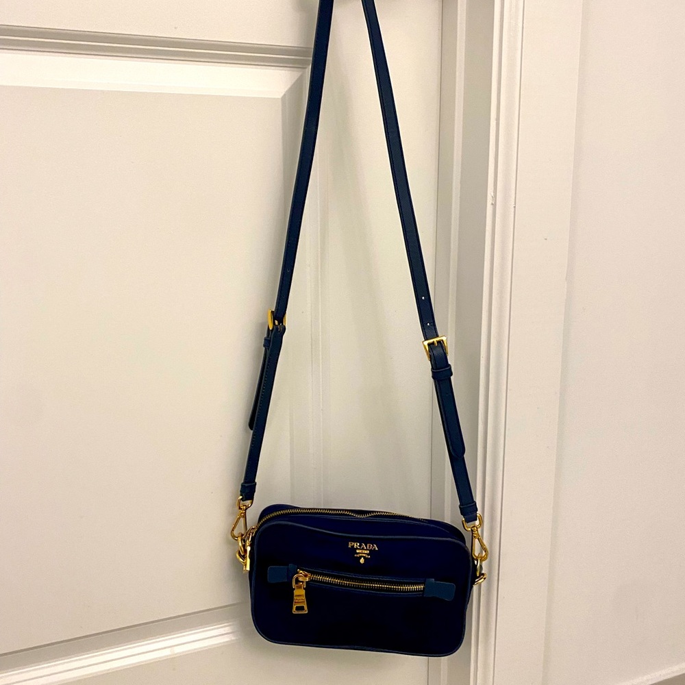 Prada Tessuto Saffian Royal Blue Nylon and Leather crossbody bag.